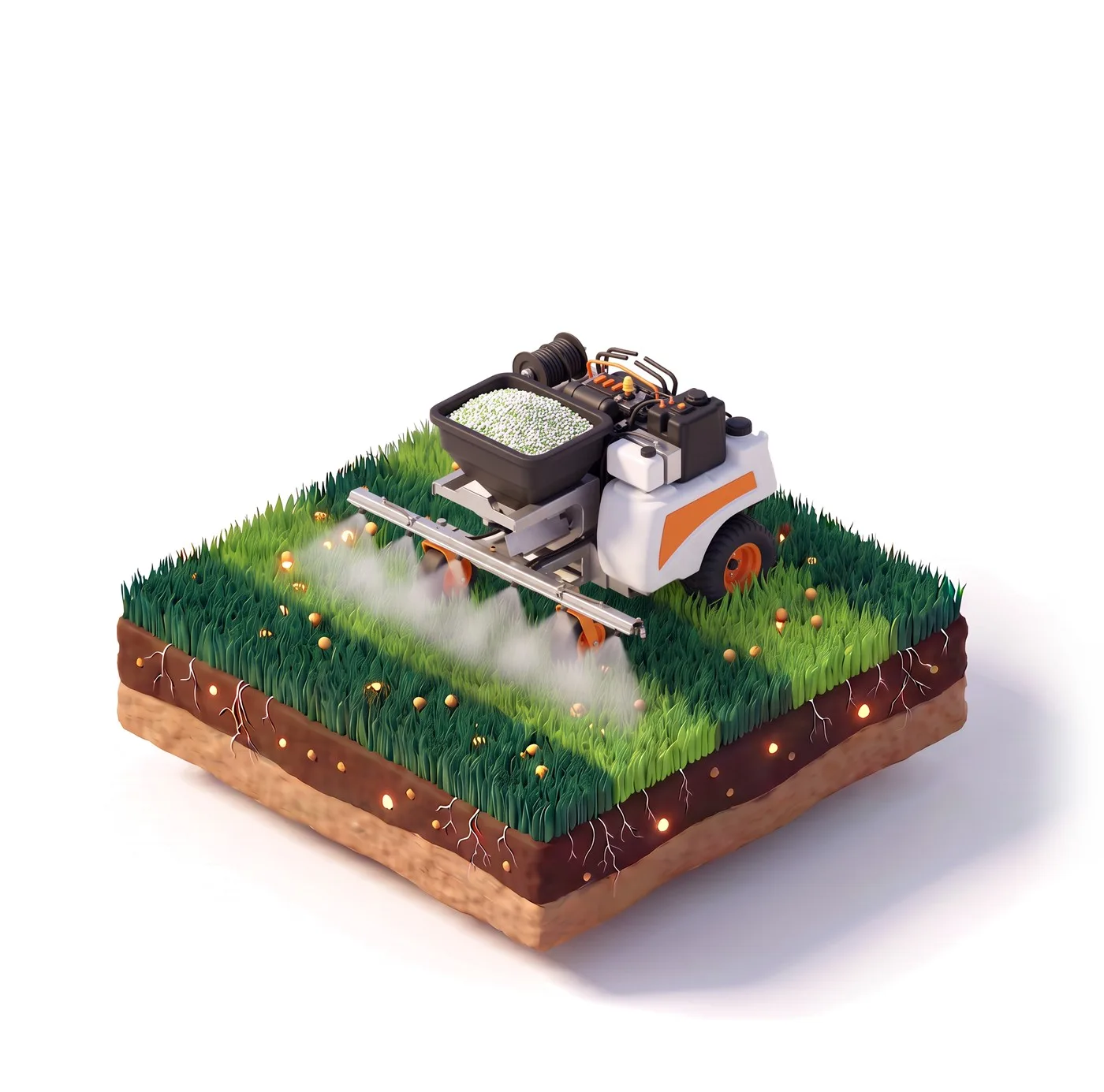 Illustration of a lawn tile being fed by a stand-on spreader-sprayer
