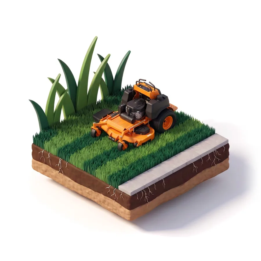 Illustration of a fed, striped lawn tile with a small mower