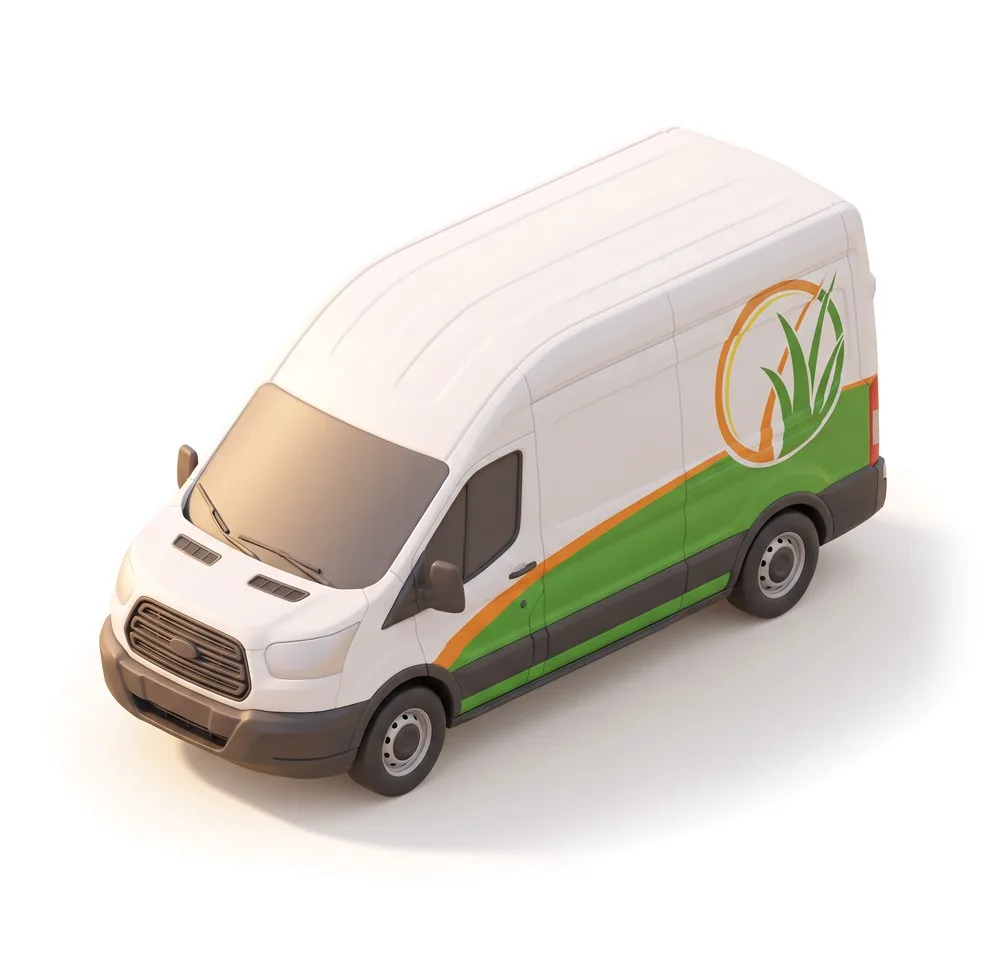 Illustration of a SunBlest Lawn Care service van with the green and orange company graphics
