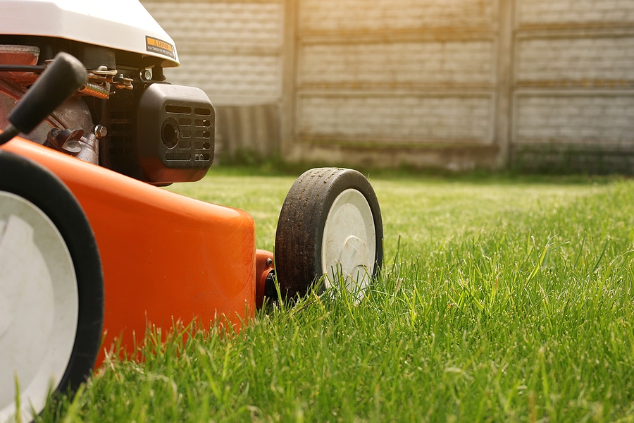 Close up details of orange electric lawn mower, wheels, motor on bright lush green grass. Professional lawn care service.